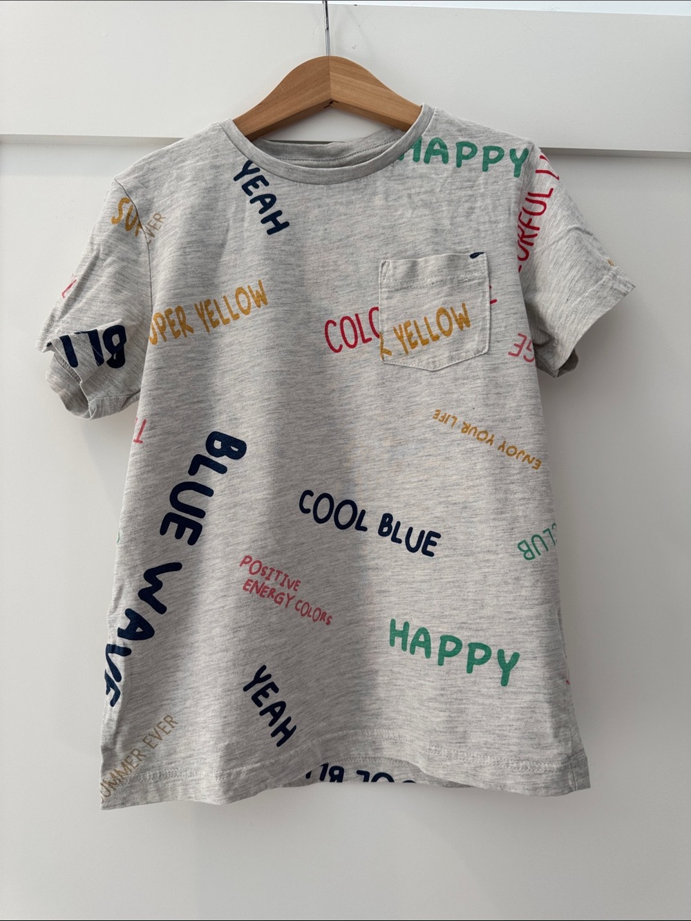 Kids' Grey Graphic Pocket Tee with Multicolor Words